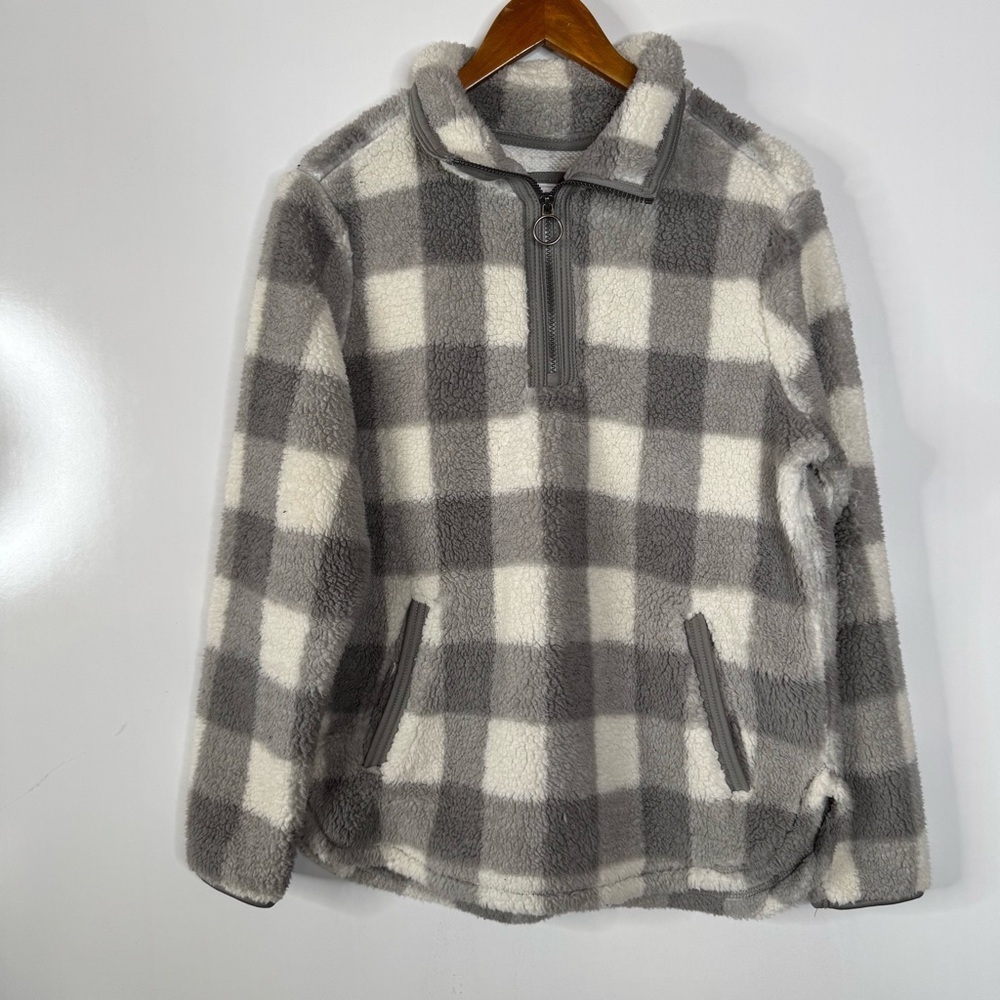 Cozy‎ Sherpa Gray Buffalo Plaid 1/4 Zip Pullover Size Medium